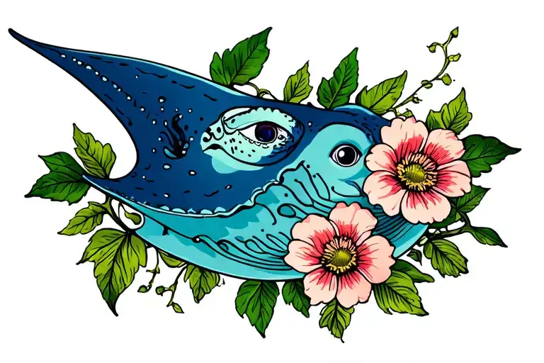 flowers with leaves and vines with a sting ray swimming tattoo design idea