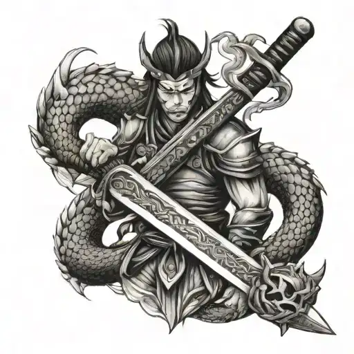 samurai sword,mystical,pair,heart fingerprint,samurai,dragon,mysterious,modern style tattoo design idea