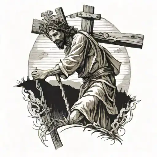 Jesus walking the cross up the hill with the crucifix of Jesus with half of the cross on his shoulder struggling tattoo design idea