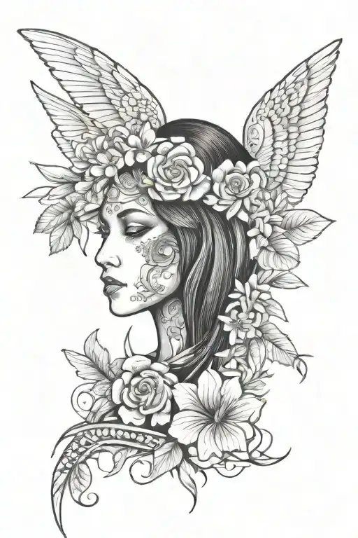 An elegant black and grey tattoo design combining Klimt's 'The Child' painting with tropical flowers and aeronautic symbols tattoo design idea
