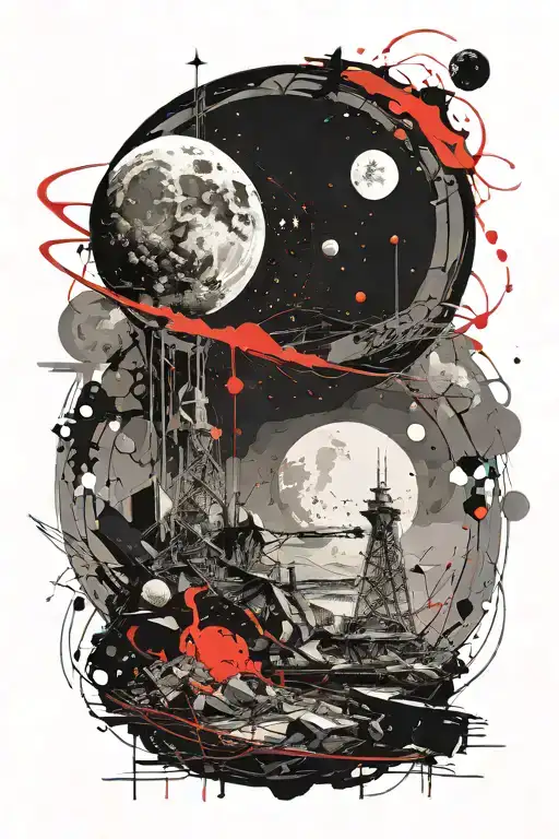 moon landscape, Space exploration building tattoo design idea