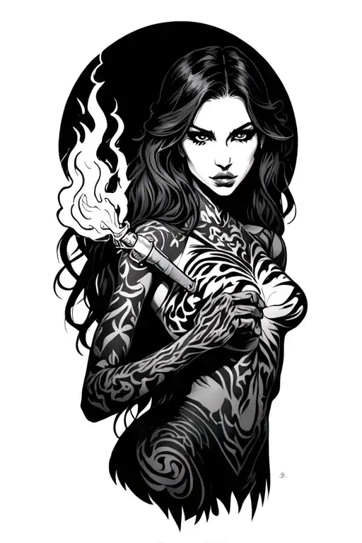 dark evil woman with a tig torch girl tattoo design idea