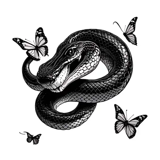 I want a snake that eats itself and there's butterflies around it tattoo design idea