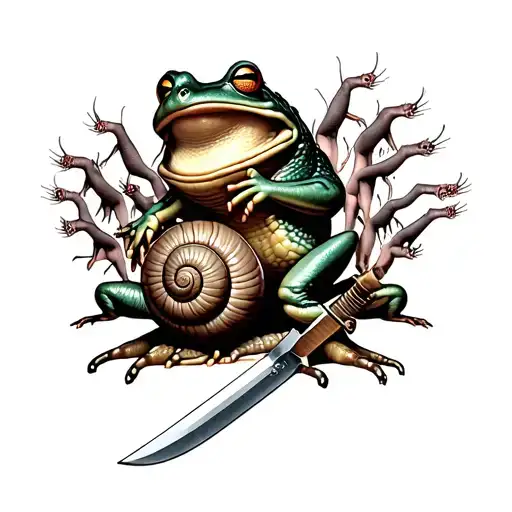 frog fighting a snail with knife surrounded by crowd of rats chanting tattoo design idea
