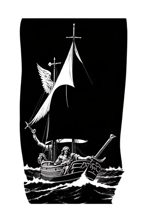 st michael with sword on a sailboat black and white tattoo design idea