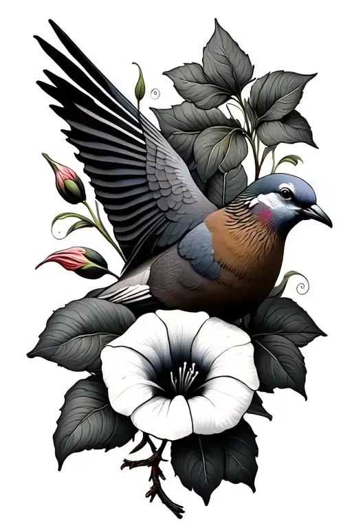mourning dove with morning glory flowers tattoo design idea