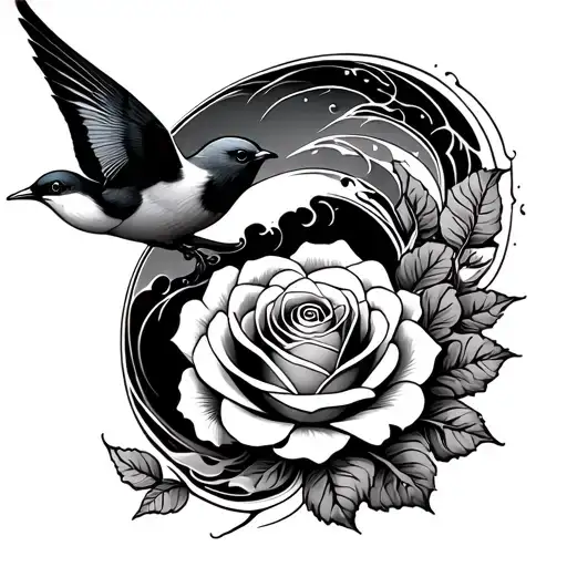 rose , wave and swallow bird  tattoo design idea