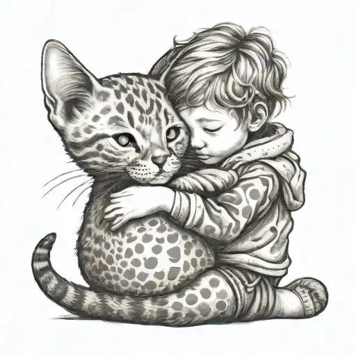little child hugging ginger cat tattoo design idea