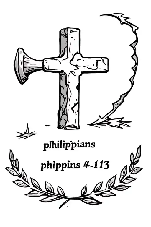 stone being pounded with old hammer and a small crack, next to a cross, philippians 4:13, and a laurel wreath  tattoo design idea