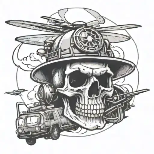 firefighter skull, helicopter hovering, triathlon tattoo design idea