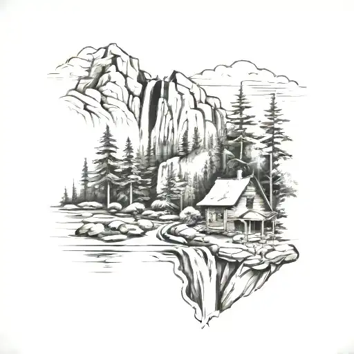 West Virginia Mountain scene with cabin and waterfall below  tattoo design idea