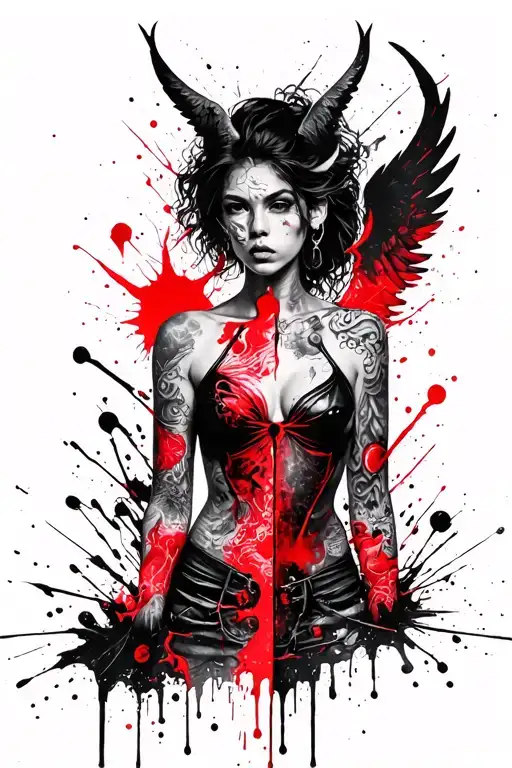 half angel (female) half devil (female) tattoo design idea
