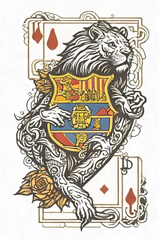 FC Barcelona club main character, a time symbol, a lion symbol, money, and the game of blackjack. for half sleeve tattoo design idea