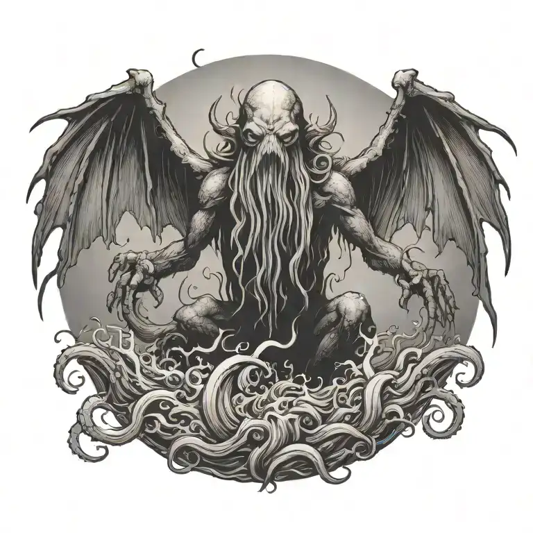cthulhu rising from the ocean, head on fire, dragon wings tattoo design idea