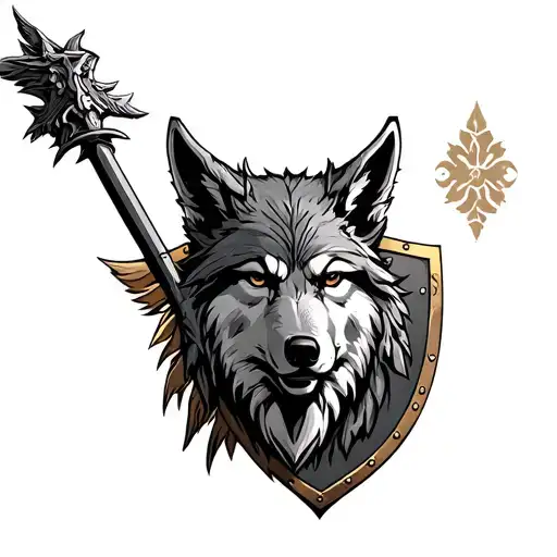Roman wolf head standing guard in front of a shield  tattoo design idea