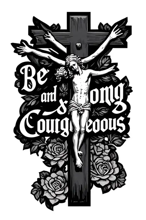 "Be strong and courageous" crucifix hanging tattoo design idea