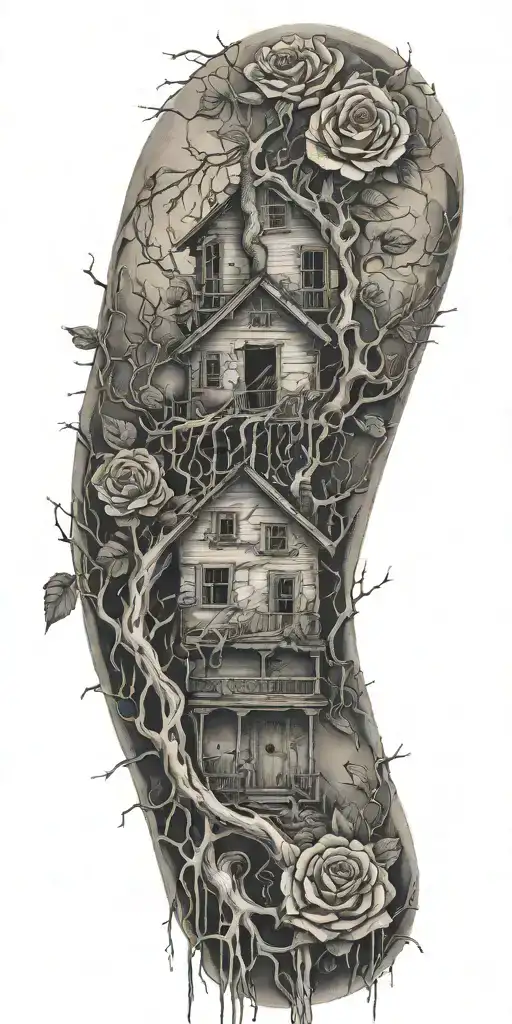 abandoned broken home, tree roots from the chains, roses tattoo design idea