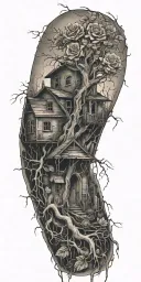 abandoned broken home, tree roots from the chains, roses tattoo design idea