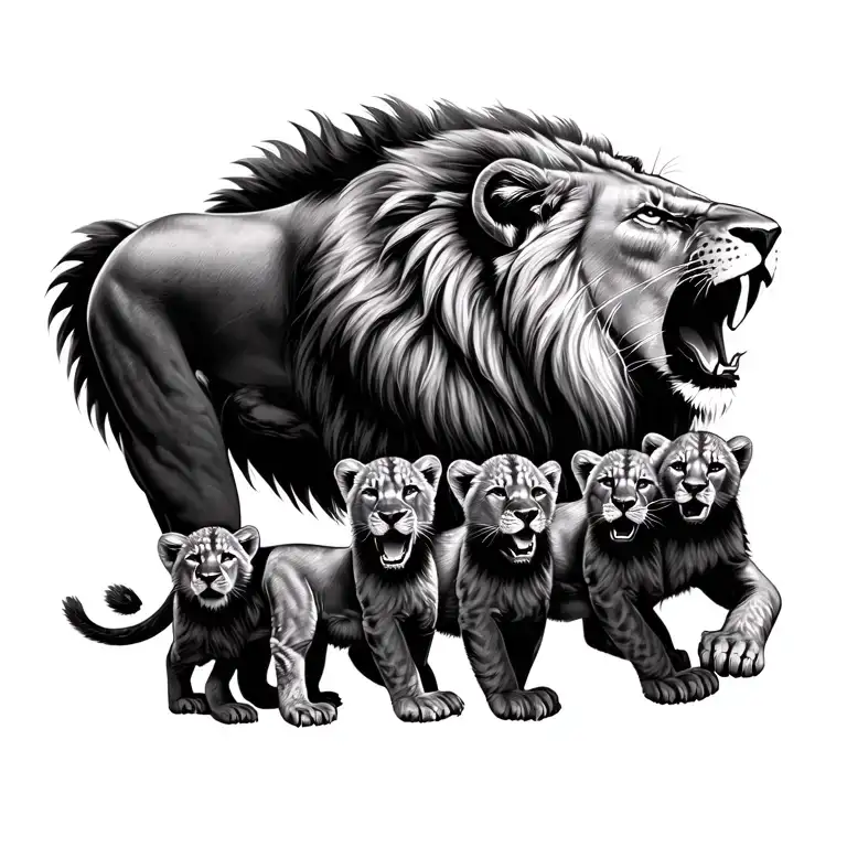 male lion standing over 4 cubs roaring tattoo design idea