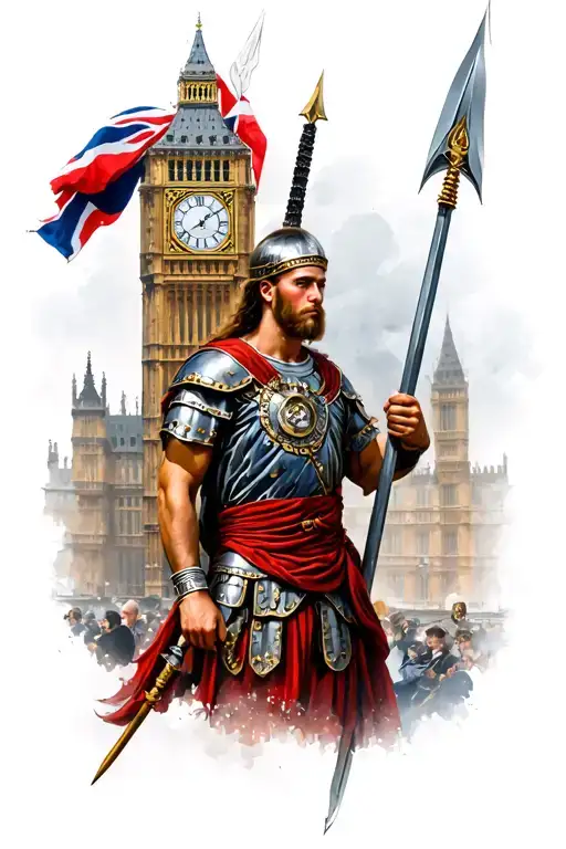 a Roman Warrior with a spear with a London clock in the background tattoo design idea