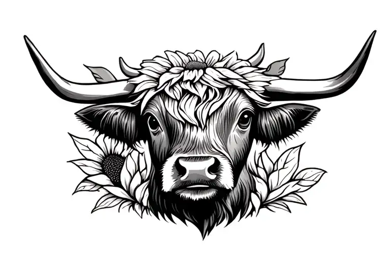 Sunflower highland cow tattoo design idea
