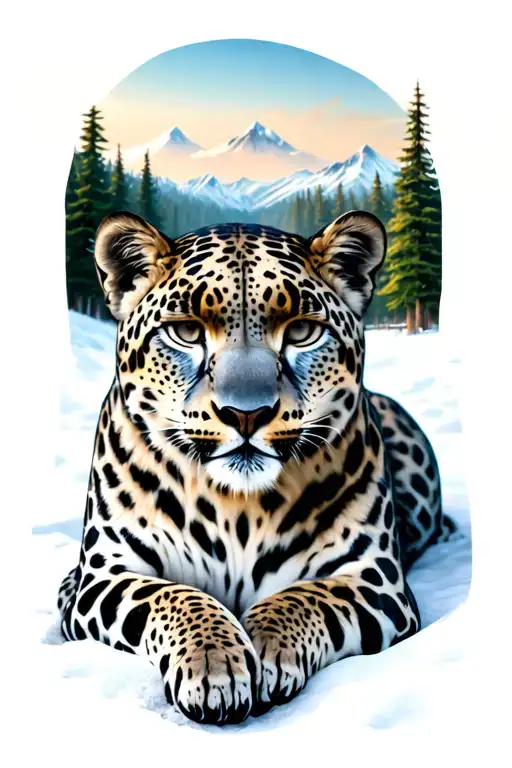 snow leopard layingdown with background of forrest and mountains  tattoo design idea