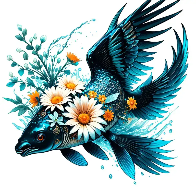 jumping Out of water black koi with phoenix wings, bouquet with an aster, a daisy, a lily of the valley, wave tattoo design idea