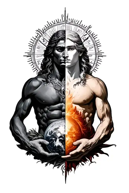 gemini zodiac sign with half bad & half god atlas holding tattoo design idea