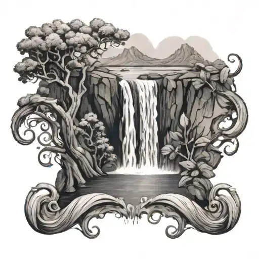 A black and grey tattoo of a majestic waterfall flowing into a serene pool, with Aries ram horns subtly integrated into the design tattoo design idea