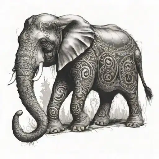 HD background, black and white tones, sinister elephant tattoo, realistic style, 4:9 format tattoo design idea