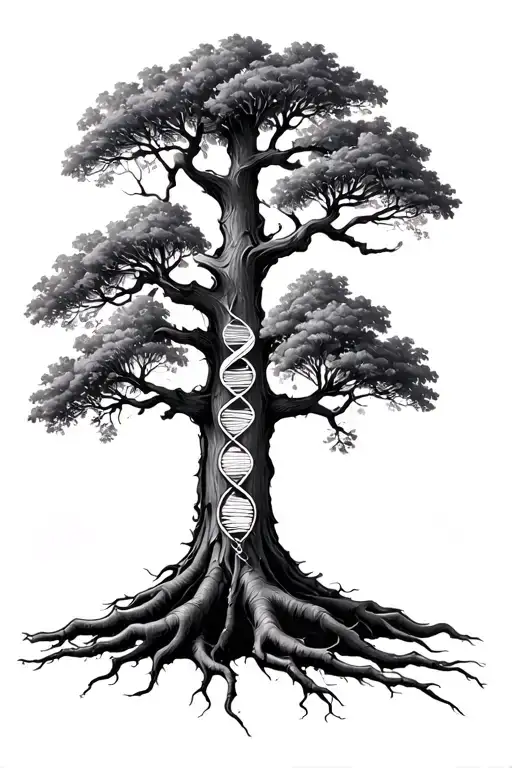 German oak with 5 roots and a DNA strand in the tree trunk tattoo design idea