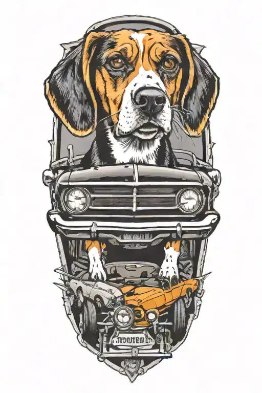 beagle dog in old mustang car tattoo design idea