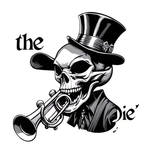 "To the die" alien skull with top hat playing a trumpet  tattoo design idea