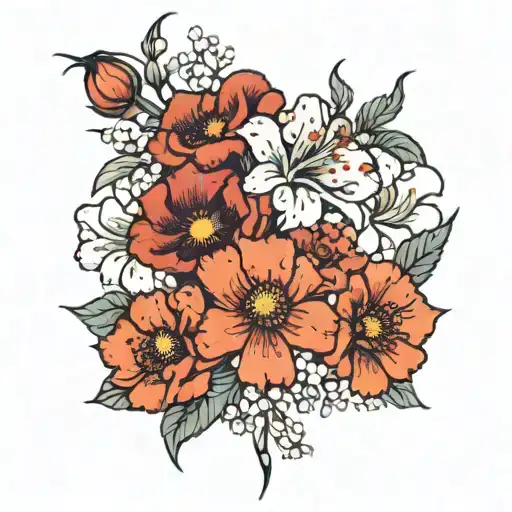 fine line bouquet tattoo with carnations, violets,lilies and poppy  flowers  tattoo design idea