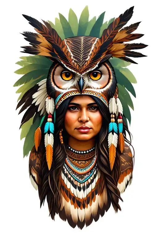 Native American woman with Owl head dress surrounded by Forrest  tattoo design idea