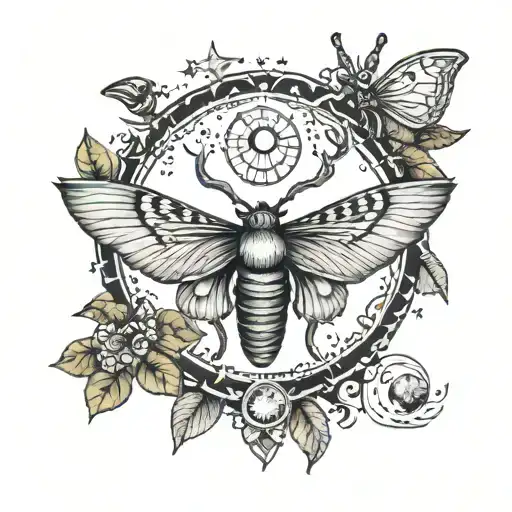 Moth, antlers and moon phases tattoo design idea