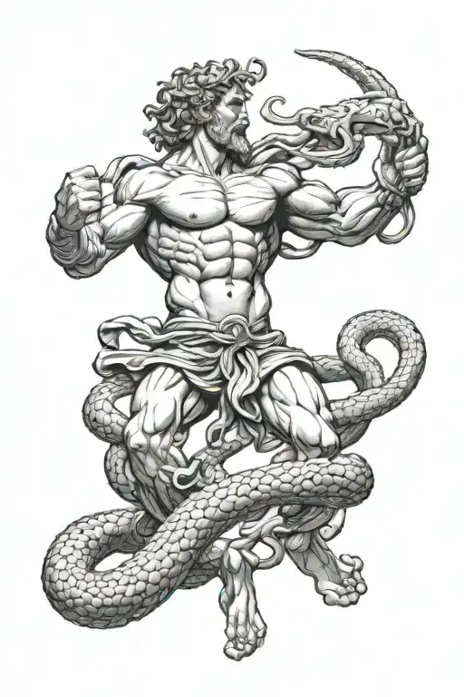 statue of Hercules fighting the Snake, fine Lines  black and White tattoo  tattoo design idea