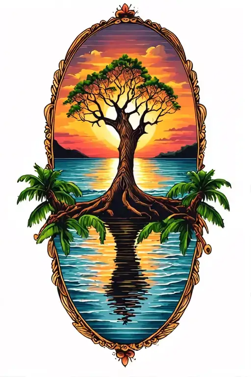 tree of life beach sunset reflecting tattoo design idea
