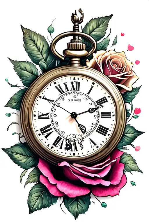 rose and pocket watch tattoo design idea
