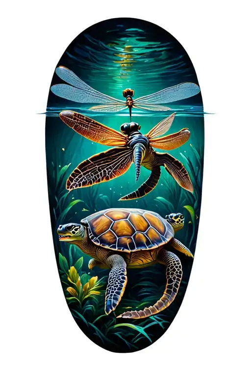 sea turtles and dragon flies  tattoo design idea