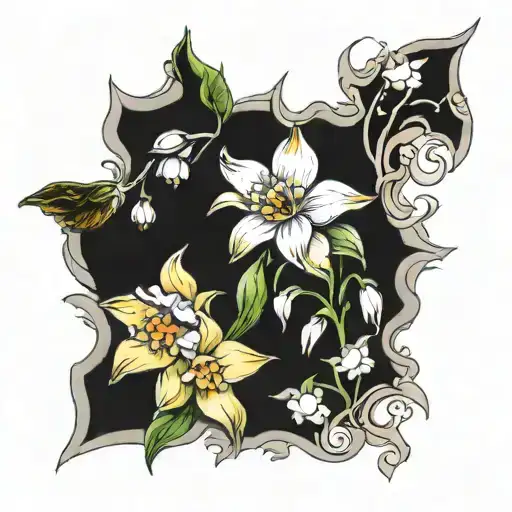 2 daffodils 1 cherry blossom 1 lily of the valley tattoo design idea