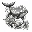 A mystical tattoo design of a majestic whale swimming under a starlit sky, with waves and moonlight reflecting off its sleek body, symbolizing strength and freedom tattoo design idea