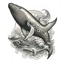 A mystical tattoo design of a majestic whale swimming under a starlit sky, with waves and moonlight reflecting off its sleek body, symbolizing strength and freedom tattoo design idea