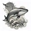 A mystical tattoo design of a majestic whale swimming under a starlit sky, with waves and moonlight reflecting off its sleek body, symbolizing strength and freedom tattoo design idea