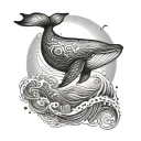 A mystical tattoo design of a majestic whale swimming under a starlit sky, with waves and moonlight reflecting off its sleek body, symbolizing strength and freedom tattoo design idea