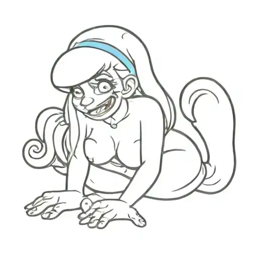 a half-naked smurfette kneels with her tongue sticking out tattoo design idea