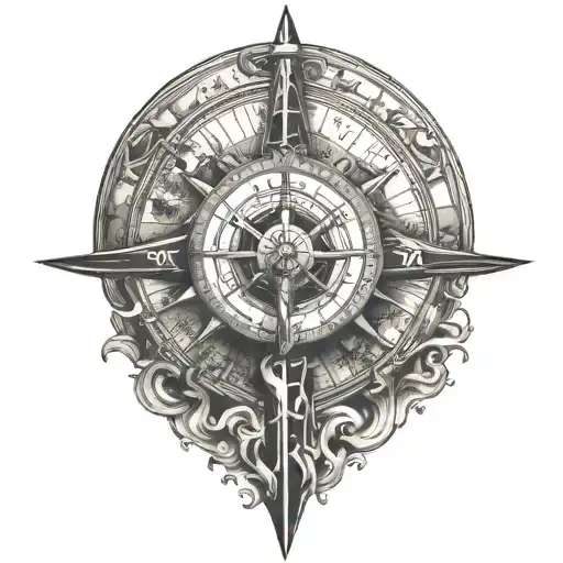 A tattoo design featuring a compass with a longhorn skull to represent Texas, the Great Wall for China, Taipei 101 for Taiwan, and Willem Beukelszoon for Biervliet, Zeeland. Incorporate the birthdate subtly around the compass as a focal point. tattoo design idea