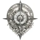 A tattoo design featuring a compass with a longhorn skull to represent Texas, the Great Wall for China, Taipei 101 for Taiwan, and Willem Beukelszoon for Biervliet, Zeeland. Incorporate the birthdate subtly around the compass as a focal point. tattoo design idea