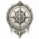 A tattoo design featuring a compass with a longhorn skull to represent Texas, the Great Wall for China, Taipei 101 for Taiwan, and Willem Beukelszoon for Biervliet, Zeeland. Incorporate the birthdate subtly around the compass as a focal point. tattoo design idea