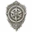 A tattoo design featuring a compass with a longhorn skull to represent Texas, the Great Wall for China, Taipei 101 for Taiwan, and Willem Beukelszoon for Biervliet, Zeeland. Incorporate the birthdate subtly around the compass as a focal point. tattoo design idea